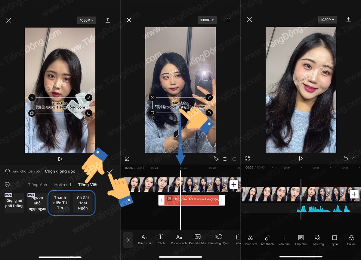 Chọn mục Chọn giọng đọc, chọn Tiếng Việt và sau đó lựa chọn giọng đọc Thanh niên Tự Tin hoặc Cô Gái Hoạt Ngôn rồi nhấn Dấu tích để lưu lại. Cuối cùng, trong giao diện chỉnh sửa video, chạm và giữ vào nội dung văn bản trên màn hình, sau đó kéo nó ra khỏi khung hình để ẩn nó đi là xong